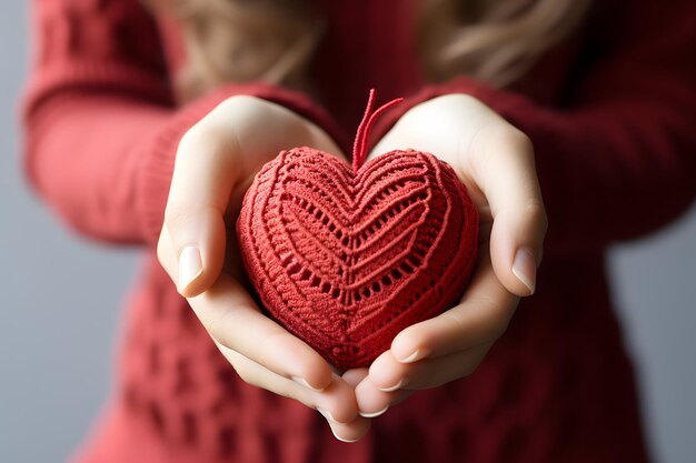 red decorative heart in hands love and health concept sacrifice and helping people