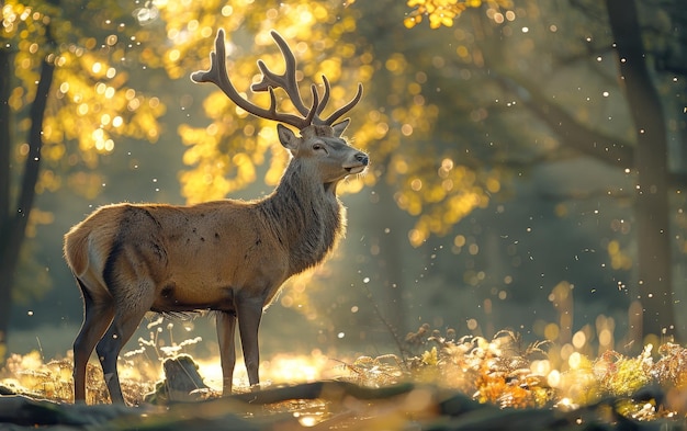 Red Deer Buck Standing in Autumn Forest With Sunlight Filtering Through Leaves