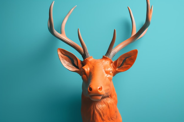 A red deer head with horns on a blue background