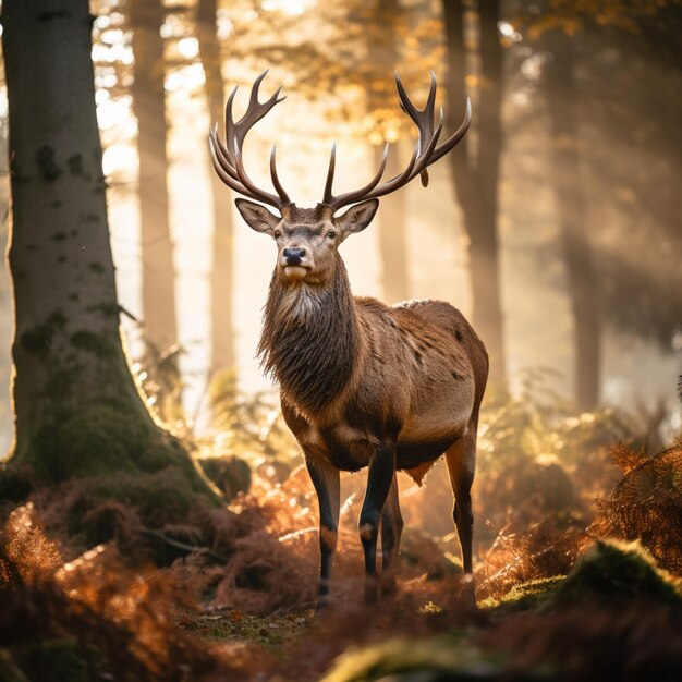 Red Deer in morning Sunrise standing on forest Generative AI