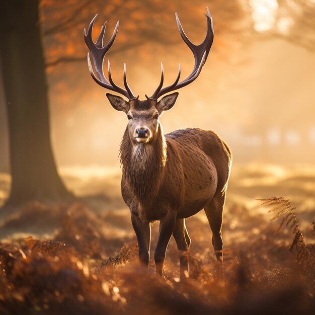 Red Deer in morning Sunrise standing on forest Generative AI