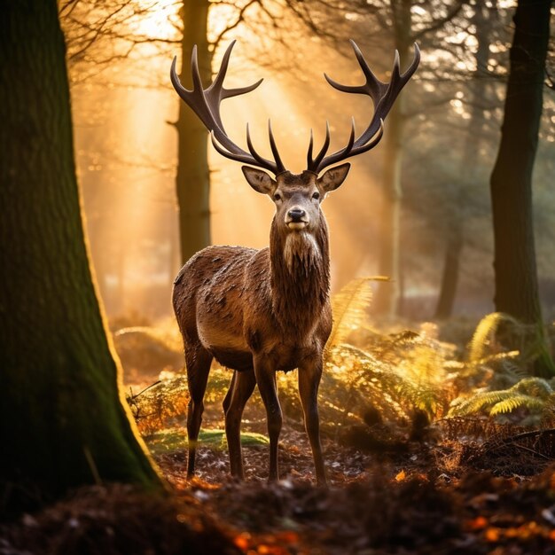 Red Deer in morning Sunrise standing on forest Generative AI