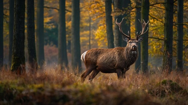 a red deer with antlers stands in a forest