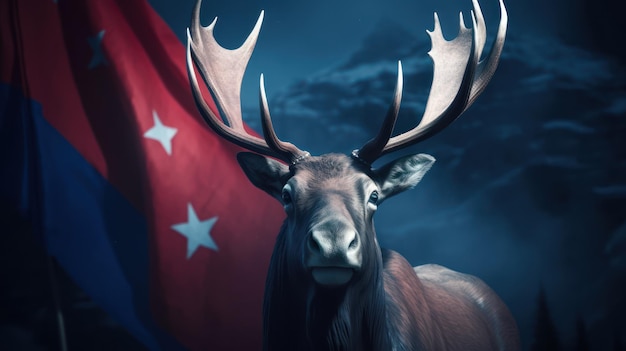 A red deer with a flag in the background