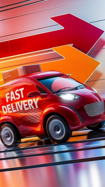 Red delivery car deliver express shipping fast delivery with arrow graph background 3d rendering