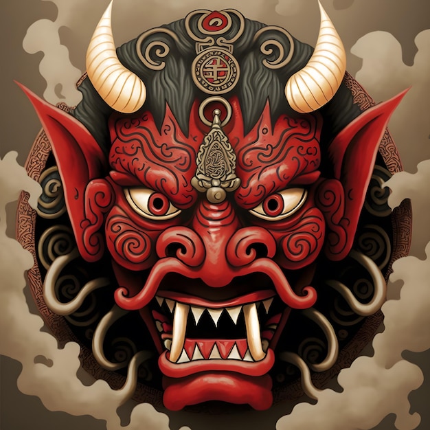 A red demon with horns and horns is shown in a painting.