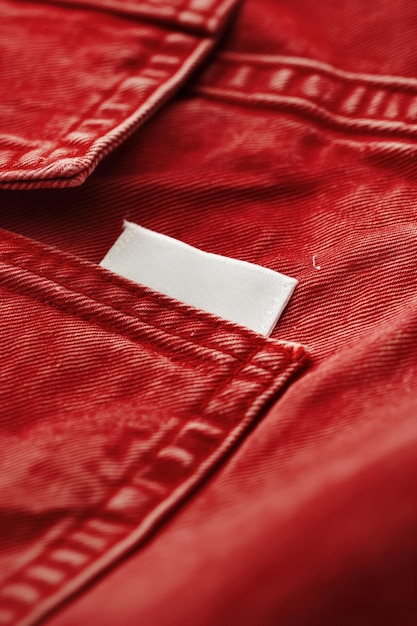 Photo red denim jacket with white label on left side and small tag on right closeup view of fabric