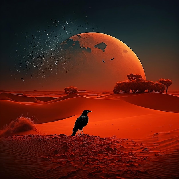 A red desert with a black bird on it