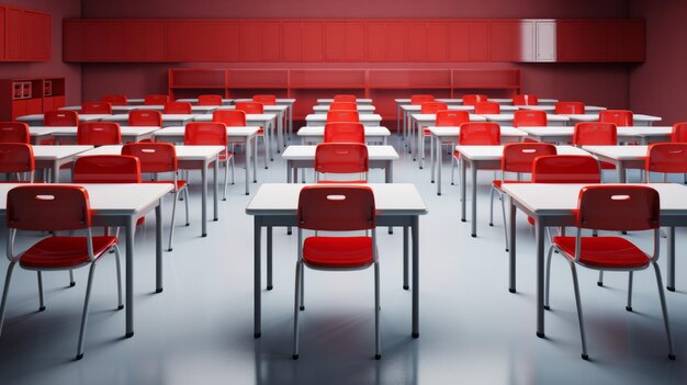 Red desks with chairs in classroom Front view background Back to school