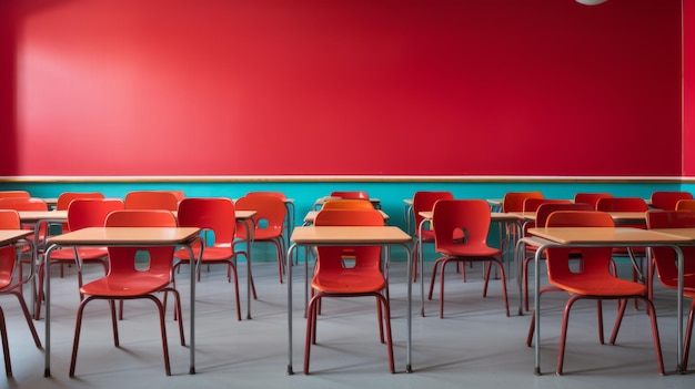 Red desks with chairs in classroom Front view background Back to school