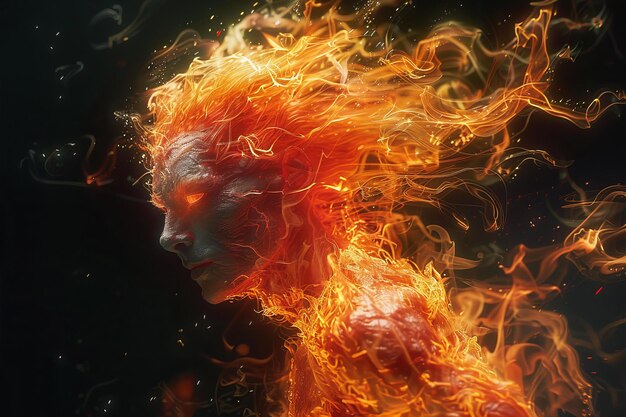 A red devil man in flames with an orange flame body and fiery hair floating around him the backgro