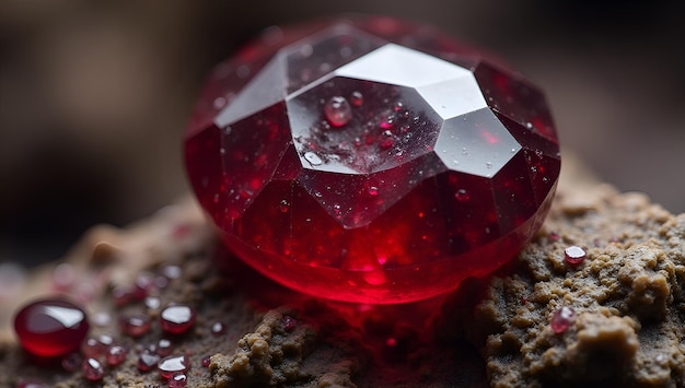 a red diamond sits on a rock with water drops on it