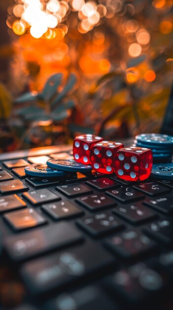 Photo red dice on a laptop keyboard