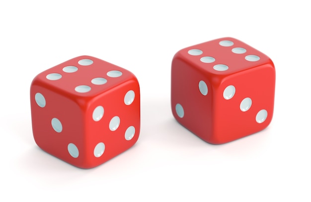 Red dices isolated on white background. Gambling, board games, casino and luck concept. 3D illustration