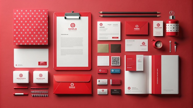 a red display of business cards including a red and white one that says  e