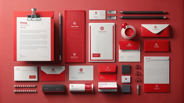 a red display of various items including a red and white business card