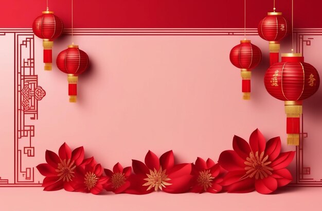 a red display with red lanterns and a pink background with red paper with the words  happy birthday