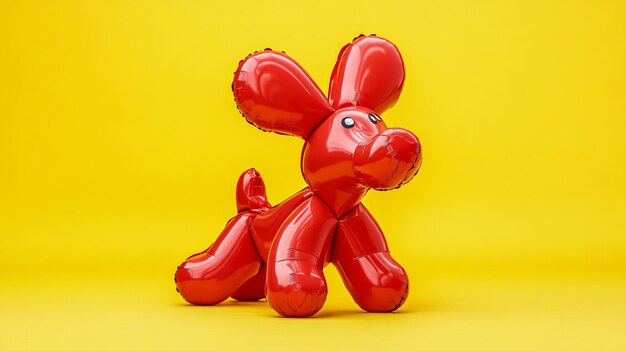 Photo red dog figure made of modelling balloon on yellow background