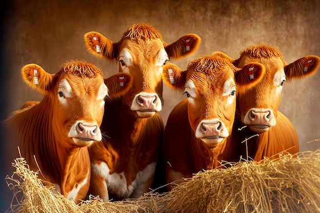 Red domestic cows in summer in hay barn on farm