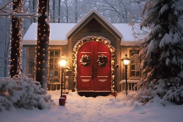 A red door is surrounded by snow and is surrounded by trees.