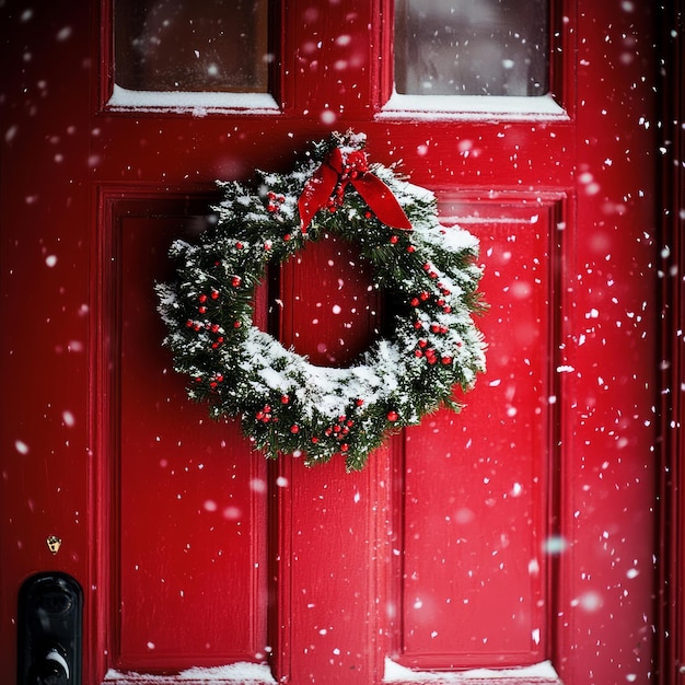 Photo a red door with a snowy christmas wreath during a light snowfall