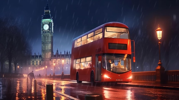 Red doubledecker bus crossing Westminster Bridge in London at night