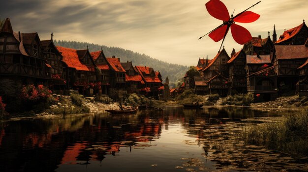 Red dragon fly over a village