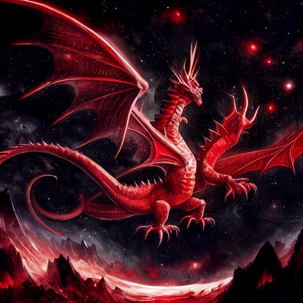 Red dragon flying through the night sky generative ai