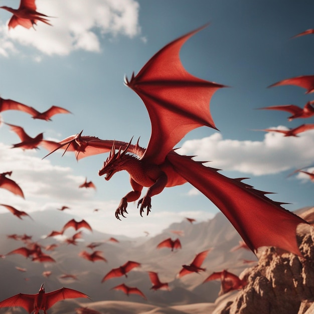 Red Dragon Flying with a Flock of Birds Background