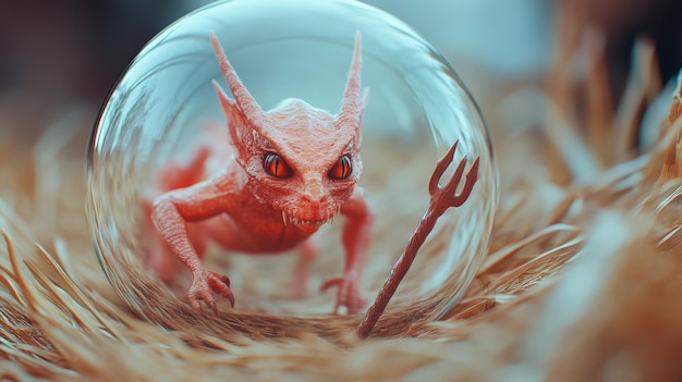 Photo a red dragon inside a glass ball with an evil looking devil ai