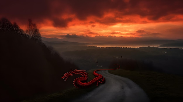 A red dragon on a road with a sunset in the background