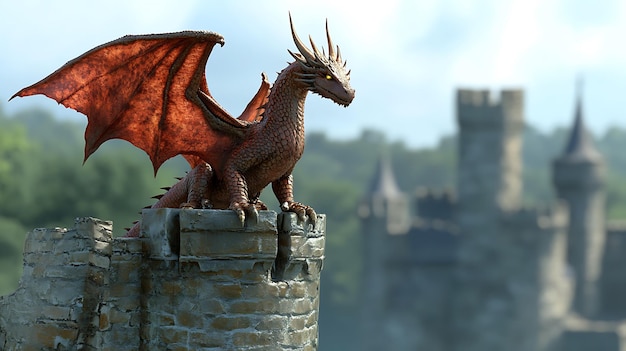 Photo a red dragon on a stone structure with a castle in the background