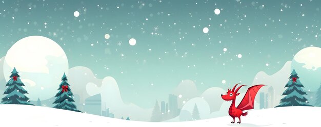 Red dragon symbol of 2024 new year walking at snow outdoor at abstract Christmas background banner with copy space