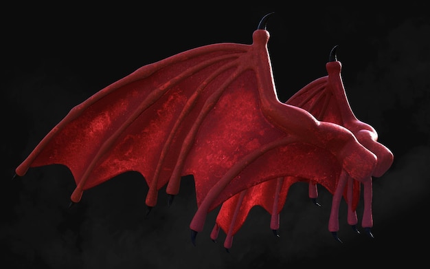 Red Dragon Wing, Red Devil Wings, Red Demon Wing Plumage Isolated on Dark Background