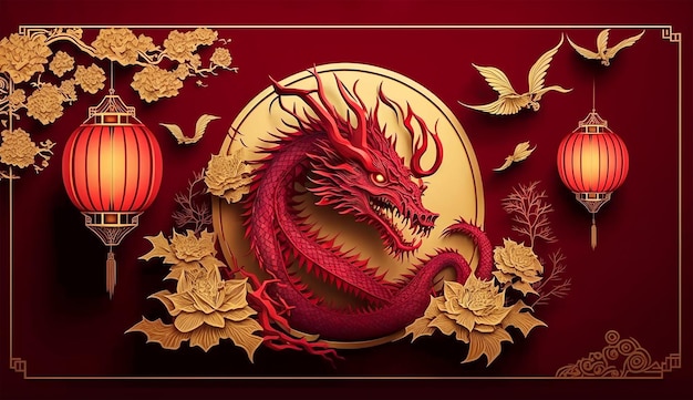 A red dragon with a gold leaf and a symbol for the year of the dragon Generative Ai