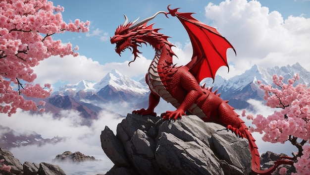 red dragon with large wings is standing on a rock in front of a mountain range