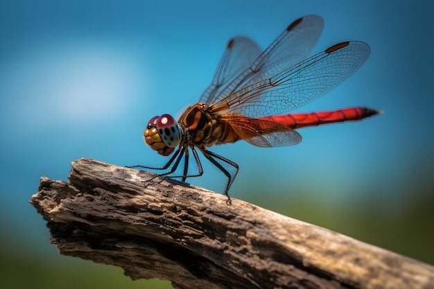 Red dragonfly perched on stalk