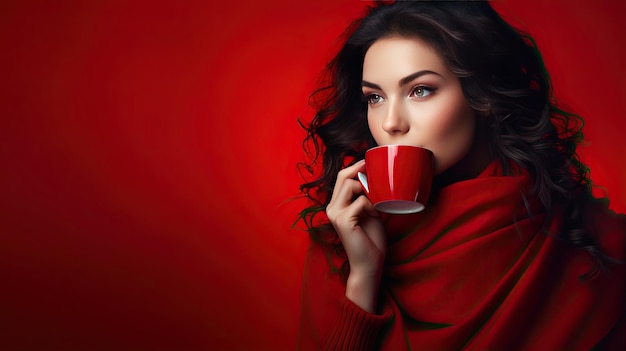 Red dressed woman sipping hot beverage on a red banner room for text