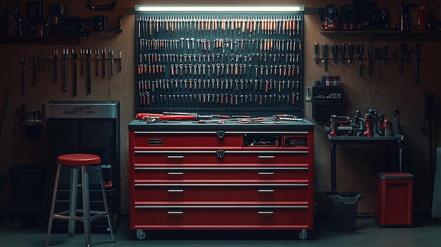 Photo a red dresser with a lot of tools on it