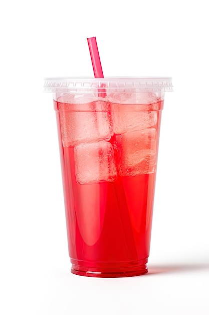 Red drink in a plastic cup isolated on a white background Take away drinks concept