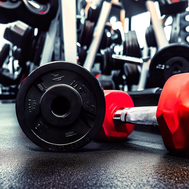 A red dumbbell is on the floor next to a red dumbbell.