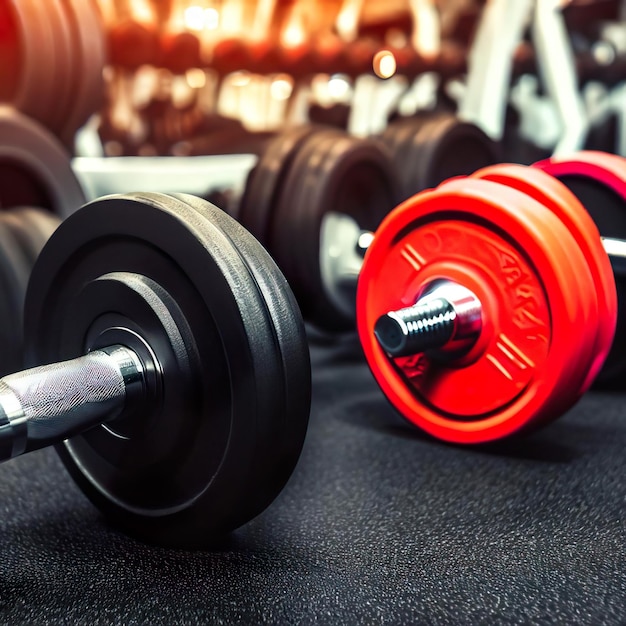 A red dumbbell is on the floor next to a red one.