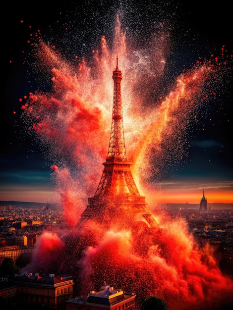 Red Dust Explosion Over Eiffel Tower at Sunset Generative AI