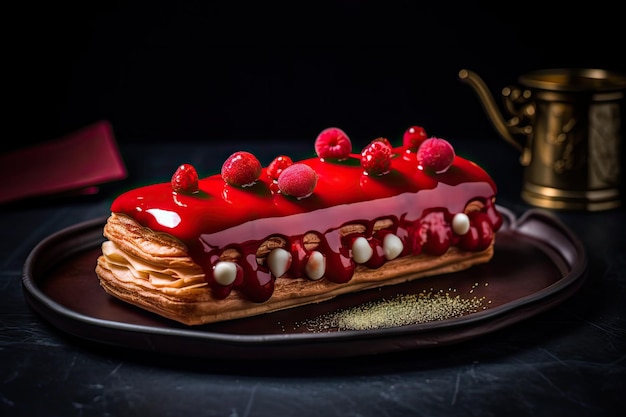 Red Eclair Cake Delicious Delicious Dessert Strawberry Mirror Glazed Eclair on Dark Background Abstract Generative AI Illustration