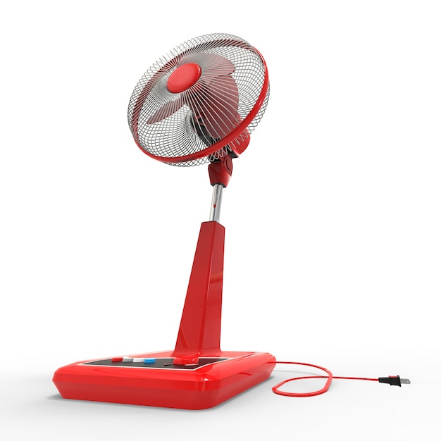 Red electric fan. Three-dimensional model on a white background. Fan with control buttons on the stand. A simple device for air ventilation. 3d illustration.