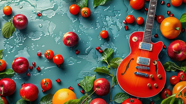 Photo red electric guitar with fruit and water drops