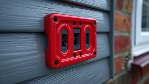 Red Electric Outlet on a Gray Siding