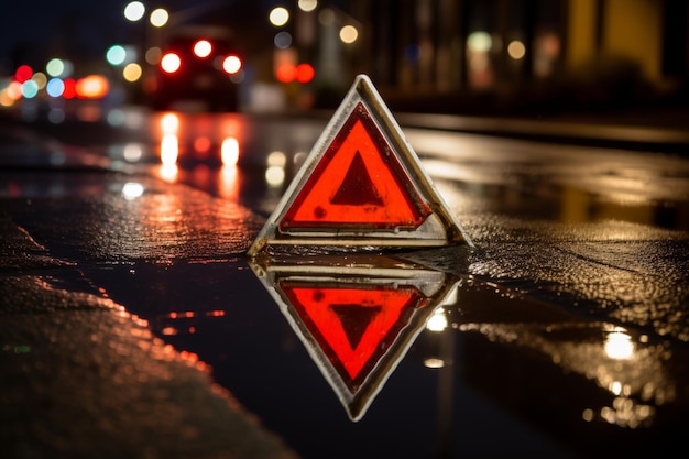 Red emergency triangle reflecting on wet ground during nighttime rainy conditions