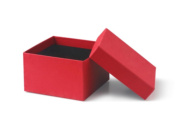 Red empty packaging box with lid on white