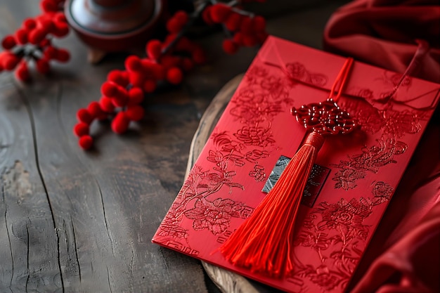 A Red Envelope Tassel and Red Papers with Chinese Characters